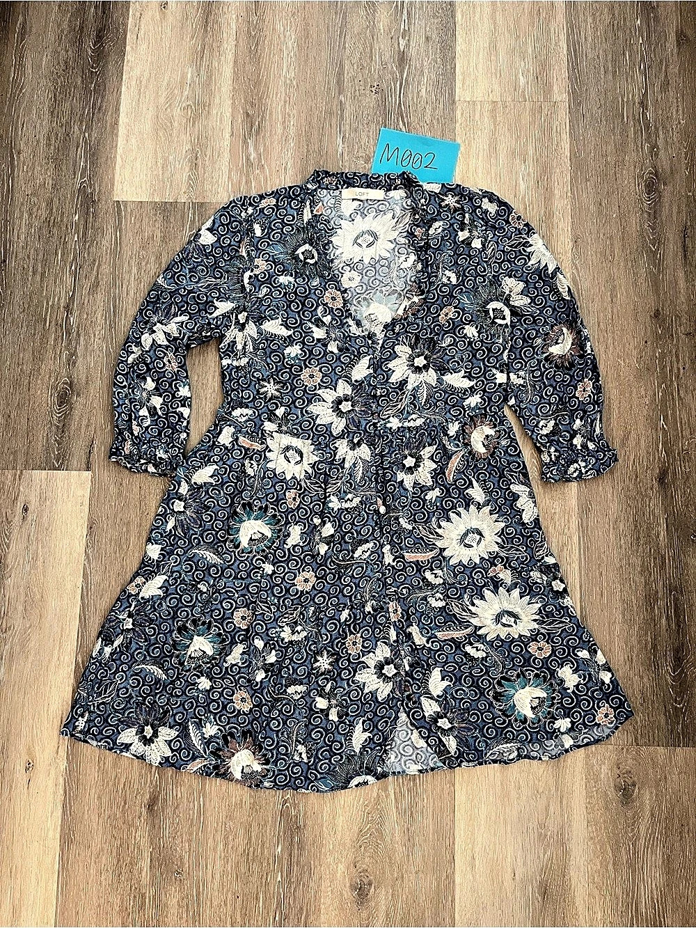 LOFT Womens Floral Faux Wrap Dress Navy Blue Ruffle 3/4 Sleeve Fit Flare Boho